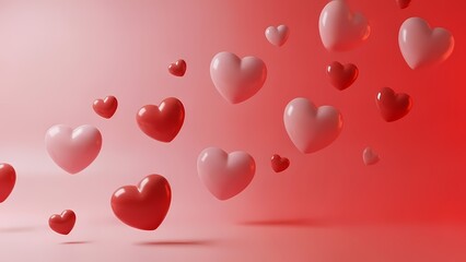 Floating red hearts in air on red background