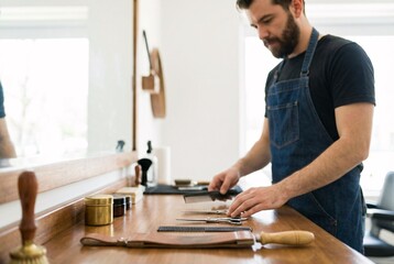 Barber arranging tools on a wooden counter in a well-lit barbershop before a haircut, preparing for clients