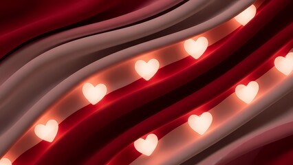 Glowing heart shaped lights on red fabric background