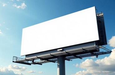 Obraz premium Outdoor billboard with blank white advertising space against blue sky background