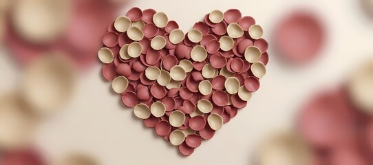 Heart shape formed by red and beige color capsules on white background