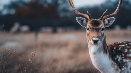 Portrait of a Fallow Deer Stag Gazing Intently in an Autumn Field Setting