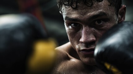 Intense close-up of a focused and determined athlete with boxing gloves