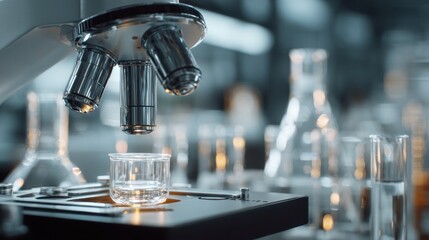 Detailed microscope inspection with science glassware in laboratory scene