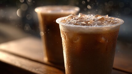 Refreshing iced coffee served in clear cups on a wooden table with bokeh
