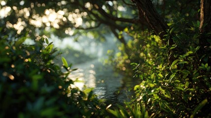 Serene and Tranquil Stream Flowing Through a Lush Green Forest Canopy