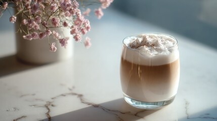 Elegant Coffee Presentation with Floral Accent and Marble Surface, morning light