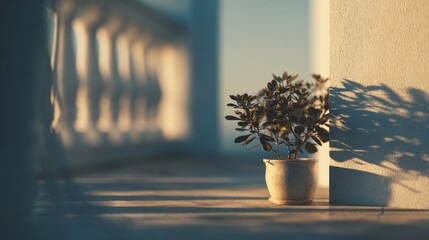 Elegant potted plant casting shadows on a bright, sunlit balcony with balustrade