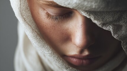 Intimate Portrait of a Woman Cloaked in Soft Fabric, Close Up Detail