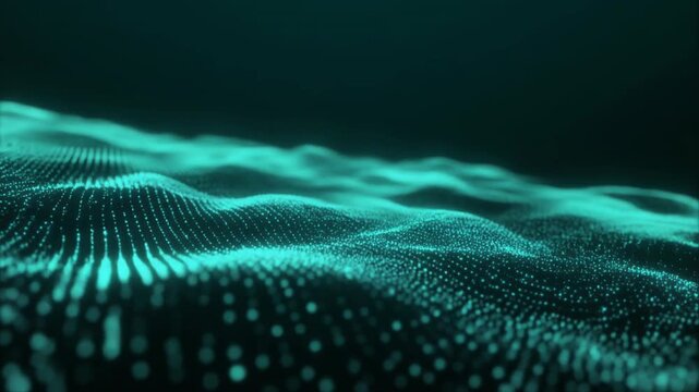 Abstract digital wave pattern of glowing teal particles flowing across a dark background, representing data visualization or a technological soundscape perfect for futuristic backdrops