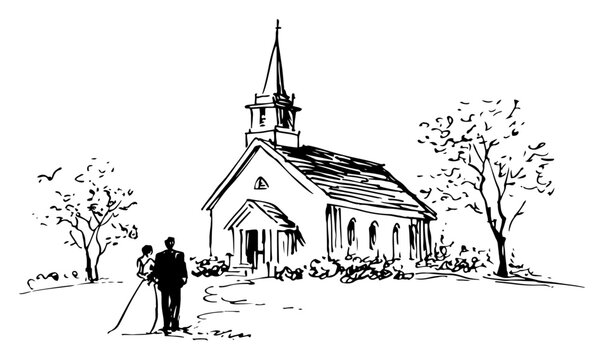 Rural landscape sketch with small church and wedding couple