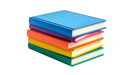 A stack of five hardcover books with different colored covers isolated on a black background
