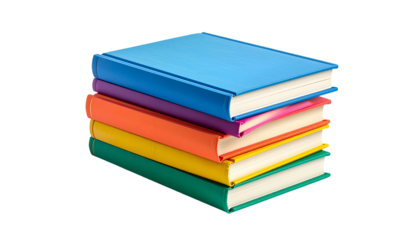 A stack of five hardcover books with different colored covers isolated on a black background