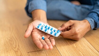 Close-up of a person&rsquo;s hands holding a blister pack of blue and white capsules, with one capsule resting on the palm. The image conveys themes of medication, health care, and pharmaceutical use.