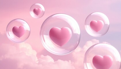 Naklejka premium Floating Hearts in Bubbles: Pink hearts encased in transparent bubbles drift gently against a soft, pastel sky, symbolizing dreams, affection, and serenity.