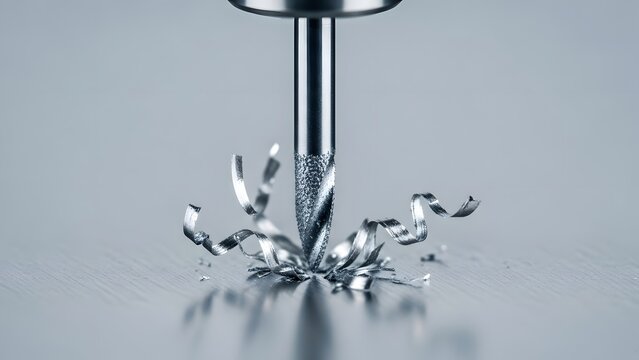 Extreme macro close-up of a diamond-tipped micro-drill bit boring into a titanium alloy plate creating metallic shavings at 1000x magnification