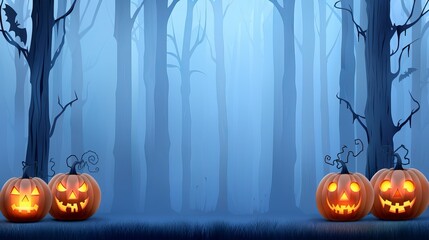 Eerie nighttime forest path adorned with glowing pumpkins creates a chilling cinematic atmosphere