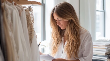 Woman writes notes while examining clothing in a fashion studio during daytime