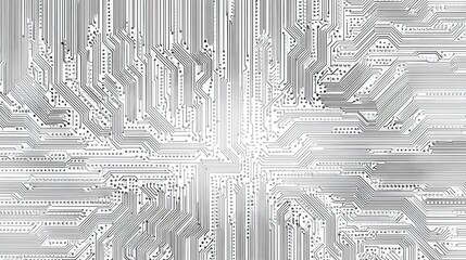 A complex black and white circuit design, showcasing intricate pathways and connections typical of electronic circuits or technology.