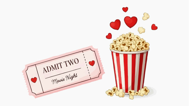 Movie night ticket and popcorn with hearts for romantic cinema experience