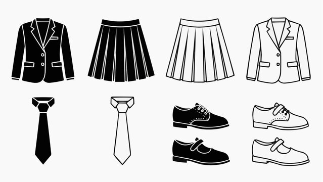 Set of school uniform clothing items blazers, pleated skirts, ties, and shoes