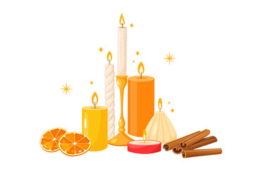 Flat Illustration of Flaming Candles Collection in Various Sizes and Shapes with Dried Orange Fruit and Cinnamon Stocks, Golden Starbursts and Sparkles Isolated on White Background