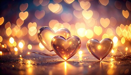 Golden Hearts Romance: Glimmering golden hearts bask in a soft, dreamy ambiance, embodying the pure essence of love and warmth, set against a backdrop of tender, heart-shaped bokeh lights.