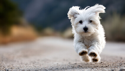 White puppy running on gravel road with blurred mountain background joyful energy