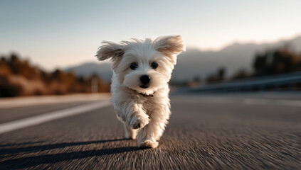 Fluffy white puppy running on road at sunset, playful energetic companion enjoying outdoor adventure
