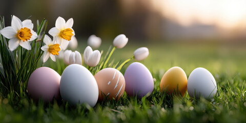 Easter eggs on grass with spring flowers and soft sunrise glow, cheerful seasonal celebration mood