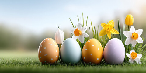 Easter eggs on grass with daffodil and tulip spring flowers, pastel colors and gentle sunlight
