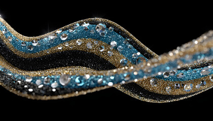 Luxurious liquid waves adorned with diamonds, sparkling blue and gold crystals unfold against sleek black background, embodying high end innovation or opulent indulgence in various commercial.