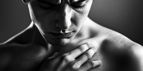 Man with defined muscles looking down.