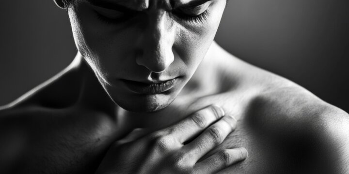 Man with defined muscles looking down. - Powered by Adobe