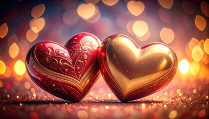 Hearts entwined in Love's Embrace: Two exquisite hearts, one a radiant gold and the other a passionate red, rest gently together.