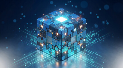 Futuristic Glowing Blue Tech Cube with Circuit Data Lines