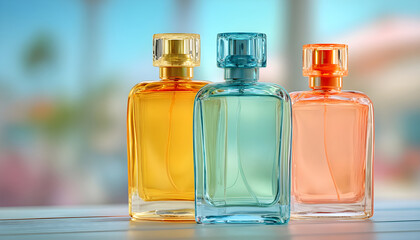 Three colorful perfume bottles on display, great for lifestyle or beauty product promotions