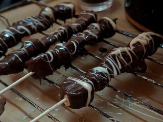 Delectable skewers of chocolate-covered fruits with drizzle. The skewers, each loaded with fresh fruit dipped in rich, dark chocolate and white chocolate, are a tempting treat