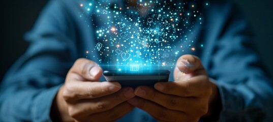 Close up of hands with smartphone displaying social media notifications in digital communication