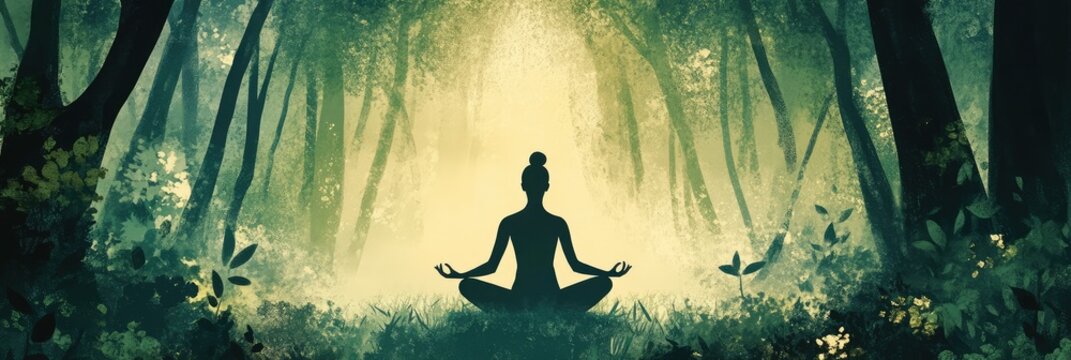 A woman is sitting in a forest