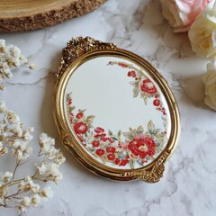 Vintage Gold Floral Compact Mirror - Red & White Flowers