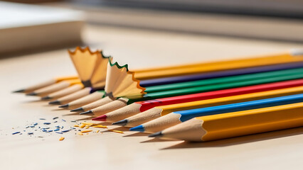 Obraz premium Close-up of sharpened pencils arranged neatly on a desk, shallow depth of field, academic and creative concept