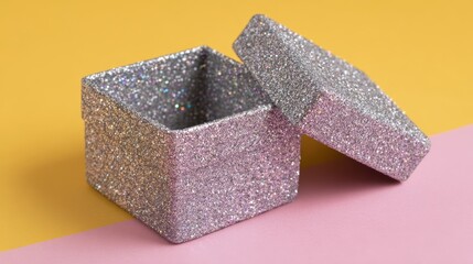Open Glitter Gift Box on Pink and Yellow Background