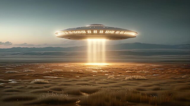 Futuristic UFO hovering over desert landscape with bright beams of light.