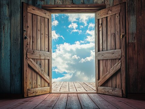 Old wooden barn door is wide open, inviting the viewer into the warmth of the interior beyond. The sky outside is clear with white, puffy clouds, suggesting a calm and serene day.