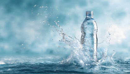 A bottle of water is shown with a splash of water surrounding it. The bottle is half full and the water is clear. Concept of freshness and hydration