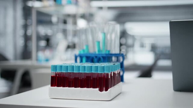 Close up of small glass flasks containing red blood samples on laboratory workbench. Sanguine fluid specimens prepared for clinical diagnostic testing in sterile environment