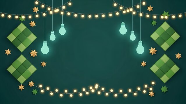 Festive decorative string lights and diamond shaped ketupats with glowing light bulbs adorn a teal background creating a celebratory atmosphere decoration celebration islamic