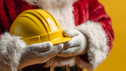 santa claus wears white gloves and red coat holding a yellow hard hat concept of holiday construction safety or charity copy space christmas 2026
