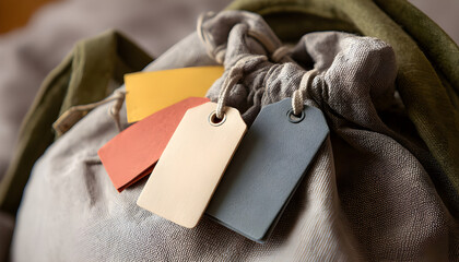 A close-up view of a laundry bag with tags attached, ideal for use in s about organization or personal accessories